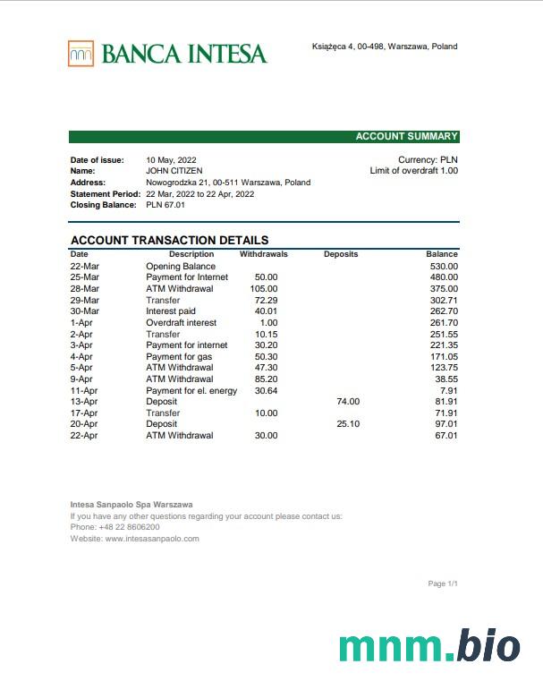 Polski szablon wyciągu Alior bank w Word i PDF
